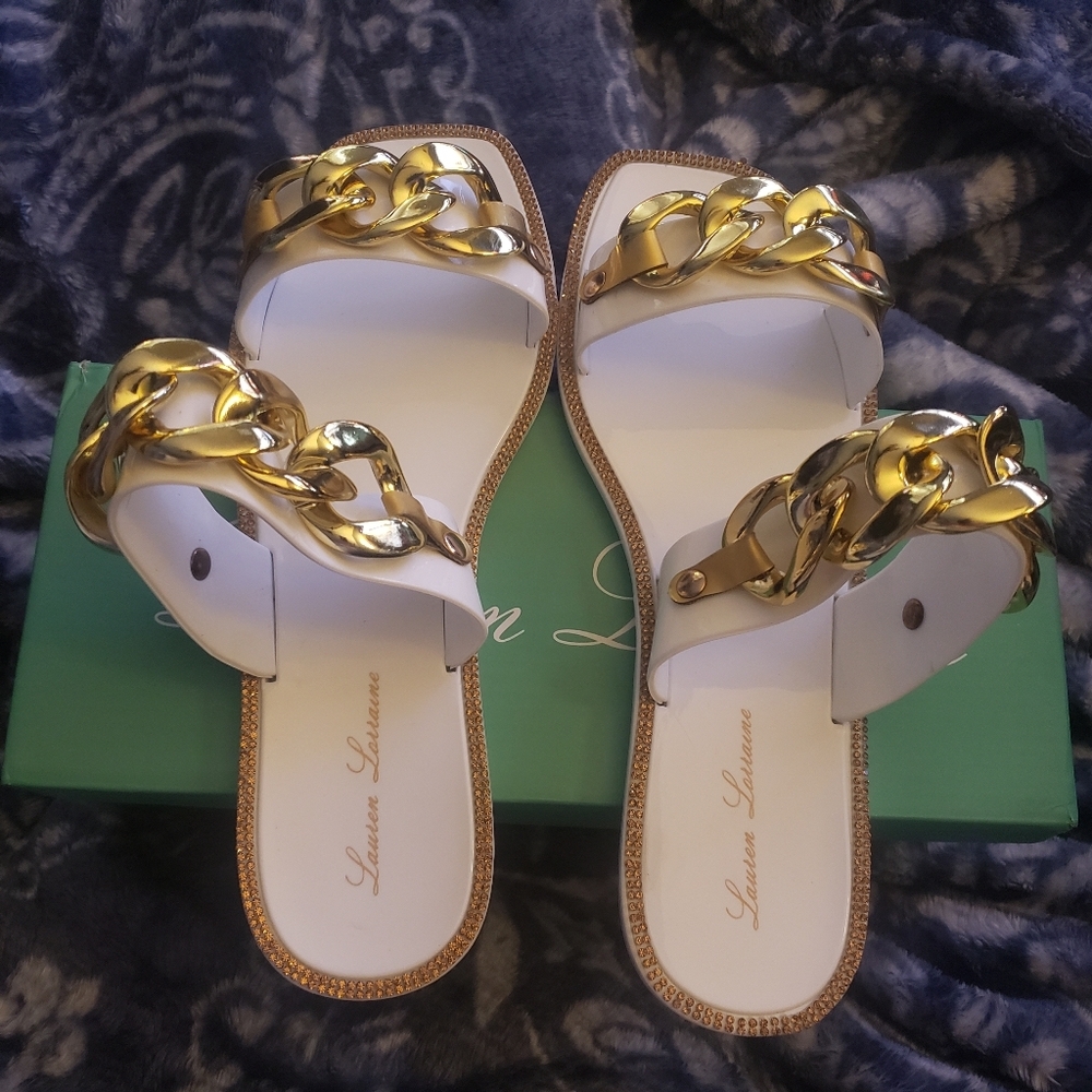 Lauren Lorraine White Gold Chain Sandals Rhinestone Embellished Slides Sz 7